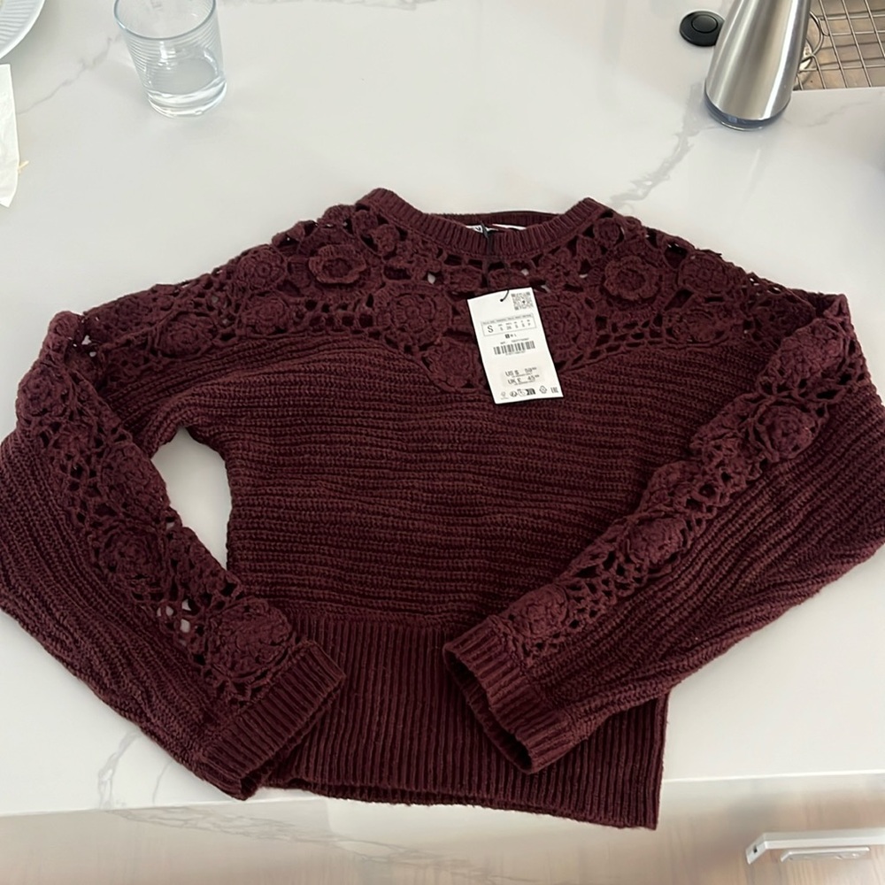 Zara crochet knit sweater in burgundy 
Runs small